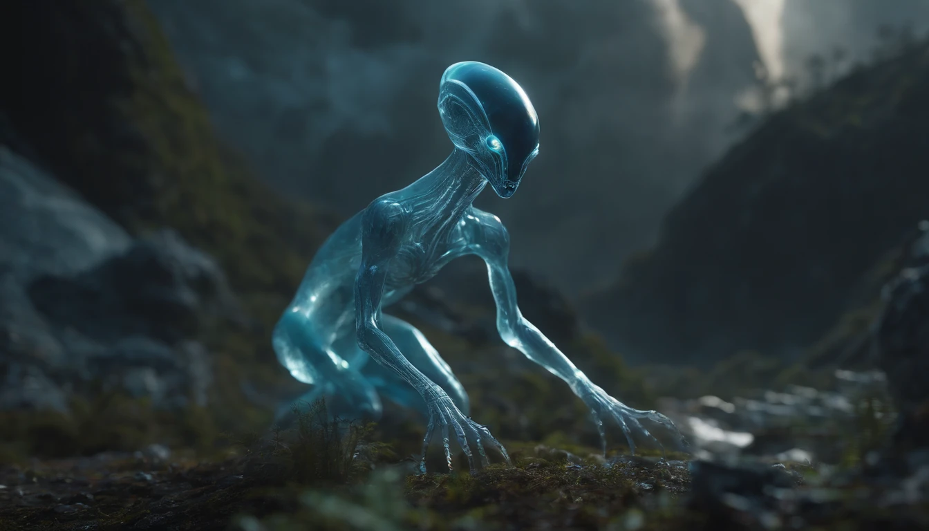 Transparent ethereal alien creatures,中景 the scene is,Full body like, highly detailed surreal vfx,oc rendered,Shot with 70 mm - AR 16:9 --q 2 --s 1000
