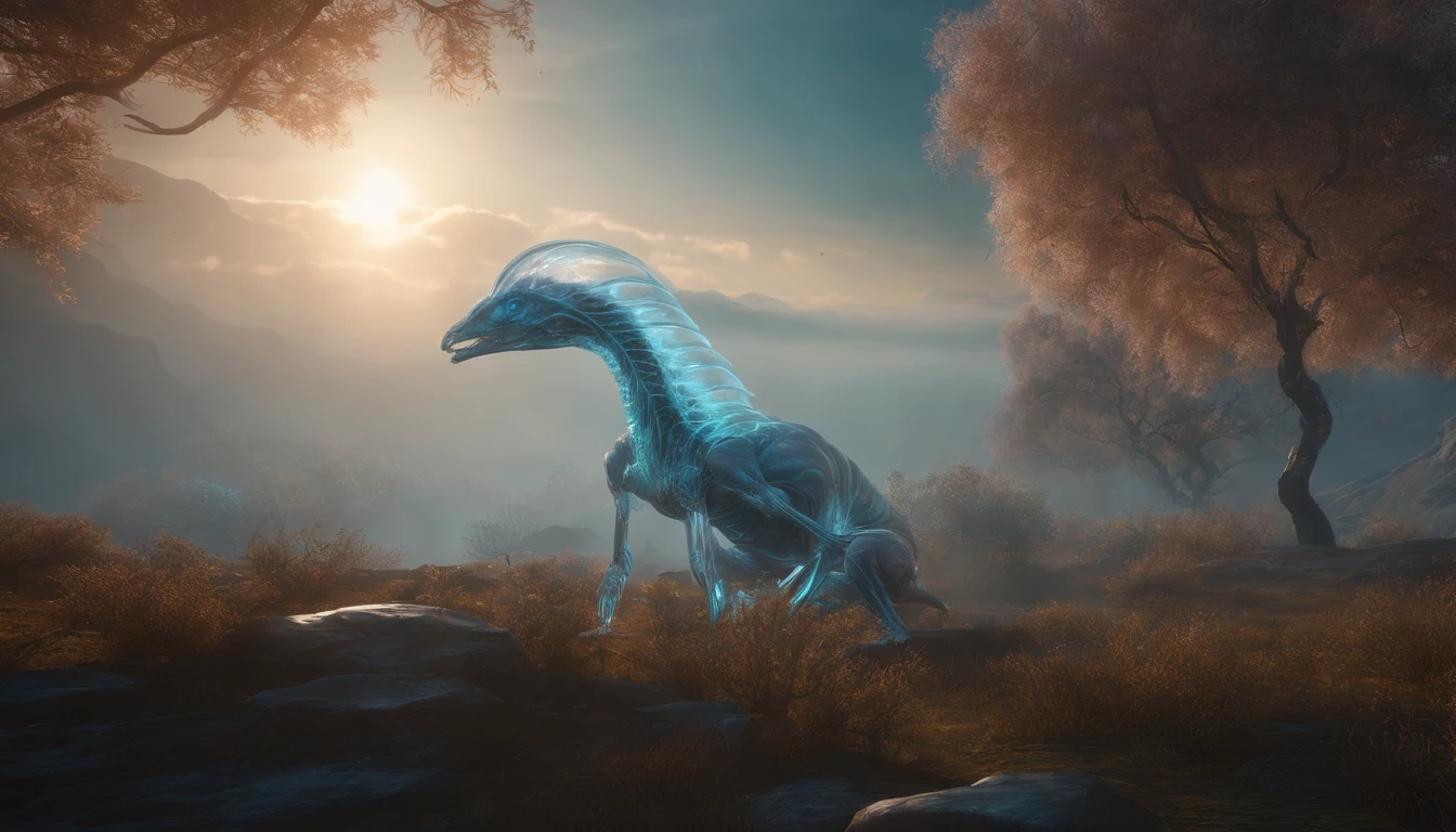 Transparent ethereal alien creatures，中景 the scene is，Full body like， highly detailed surreal vfx，oc rendered，Shot with 70 mm - AR 16:9 --q 2 --s 1000