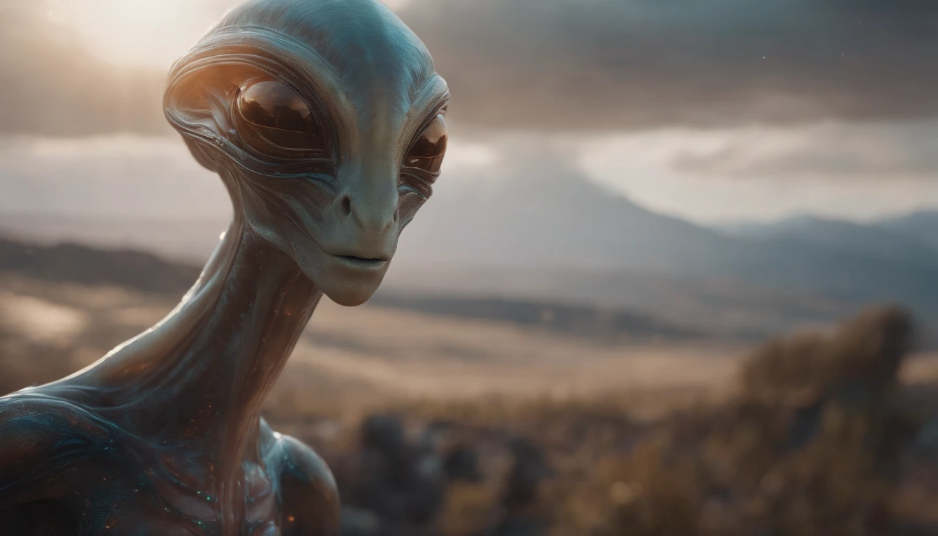 Transparent ethereal alien creatures，中景 the scene is，Full body like， highly detailed surreal vfx，oc rendered，Shot with 70 mm - AR 16:9 --q 2 --s 1000