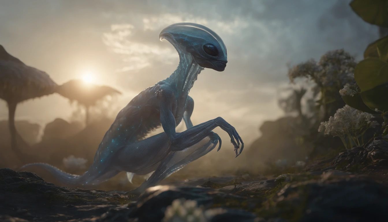 Transparent ethereal alien creatures,中景 the scene is,Full body like, highly detailed surreal vfx,oc rendered,Shot with 70 mm - AR 16:9 --q 2 --s 1000
