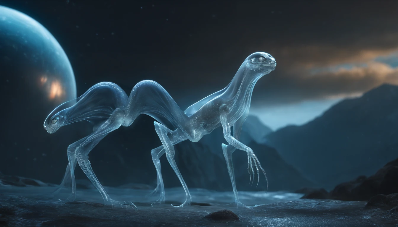Transparent ethereal alien creatures，中景 the scene is，Full body like， highly detailed surreal vfx，oc rendered，Shot with 70 mm - AR 16:9 --q 2 --s 1000