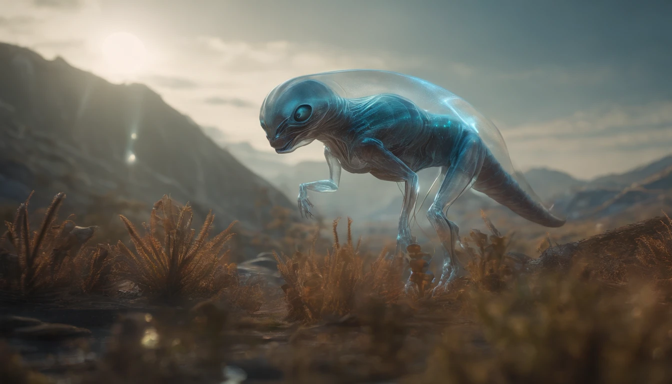 Transparent ethereal alien creatures,中景 the scene is,Full body like, highly detailed surreal vfx,oc rendered,Shot with 70 mm - AR 16:9 --q 2 --s 1000