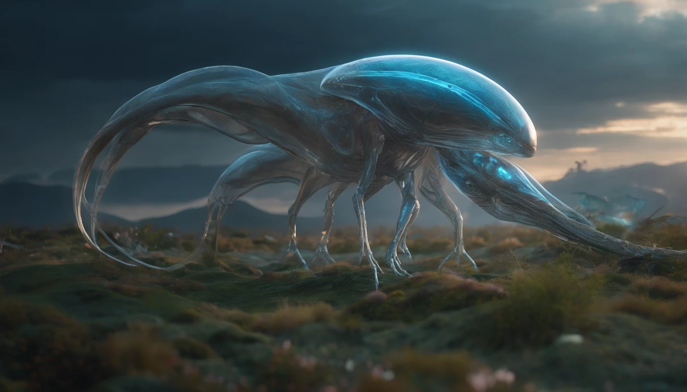Transparent ethereal alien creatures,中景 the scene is,Full body like, highly detailed surreal vfx,oc rendered,Shot with 70 mm - AR 16:9 --q 2 --s 1000