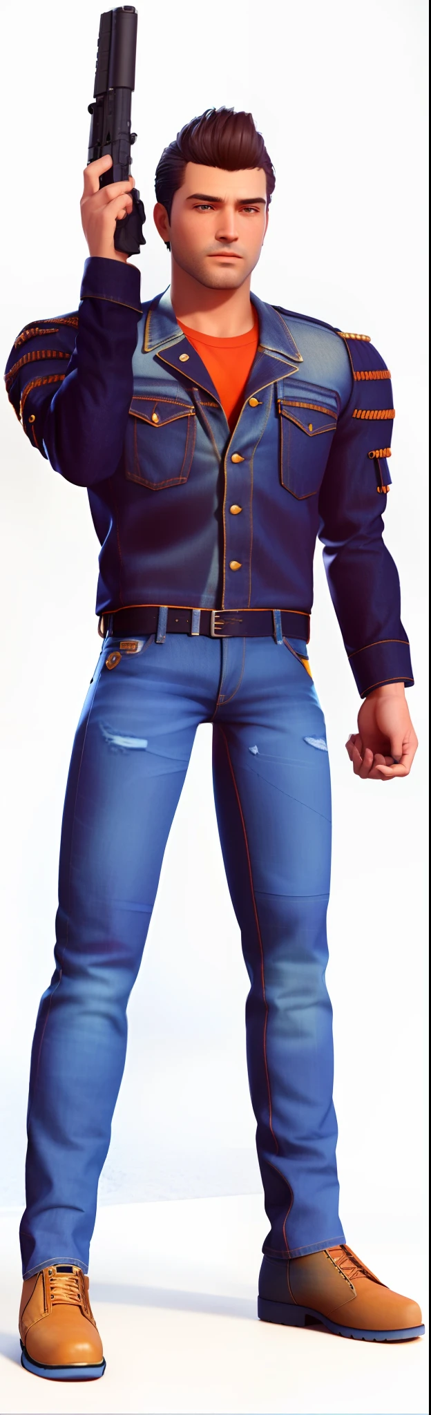 Close-up of a character of a man with a gun, ( ( ( Wearing jeans ) ) ), Blue jeans. Unreal 5, high-resolution details, in clothes! Highly detailed, full body shot hyperdetailed, full body close-up shot, full body detailing, clothes high detail