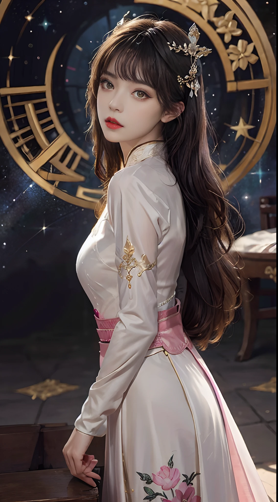 1 27-year-old girl, 1 zodiac goddess from the future, goddess of the pink and purple 12 zodiacs, the goddess of the zodiac in a yellow ao dai, a 12 zodiac ao dai with many black lace detail, mythology Goddess of the 12 zodiacs from the future, zodiac ♏, luxurious glittering zodiac style, dark and mysterious version, zodiac crown, lipstick lips red, thin and beautiful lips, mouth closed, characters made by karol bak and pino daeni, intricate detail, detailed background, extremely detailed, light magic, a woman, clear face, hair long with bangs, beautiful face in detail and well-proportioned eyes, (transparent yellow eyes: 1.8), big round eyes and very beautiful and detailed makeup, foresight, silk dress, mysterious makeup , double bangs and dyed light blonde , upper half portrait, zodiac goddess portrait, arms hanging loosely, Realistic and vivid photo, (stars make up the zodiac: 1.7), (sky background zodiac and fictitious space and time portal: 1.8), fiction art, RAW photo, hanfu picture, best photo, best photo quality, 8k quality, 8k ultra, super realistic, real photo most economical, the goddess poses sexy and seductive,