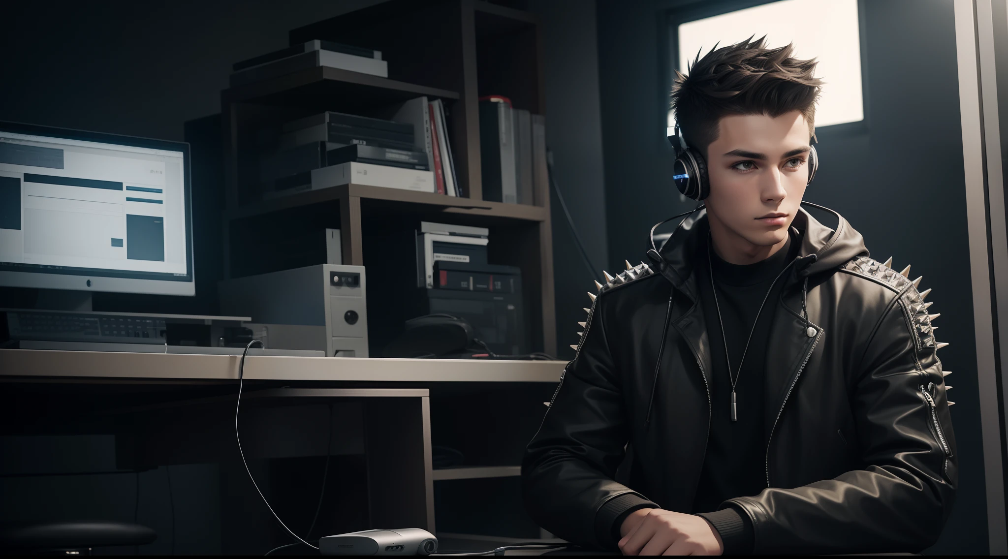 young man name urban legend with short spiky hair in Studio co with headphone in ear seeing camera front siting alone show full body with jacket