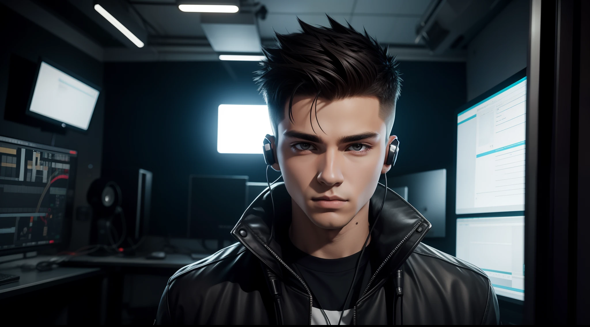 young man name urban legend with short spiky hair in Studio co with headphone in ear seeing camera front siting alone show full body with jacket
