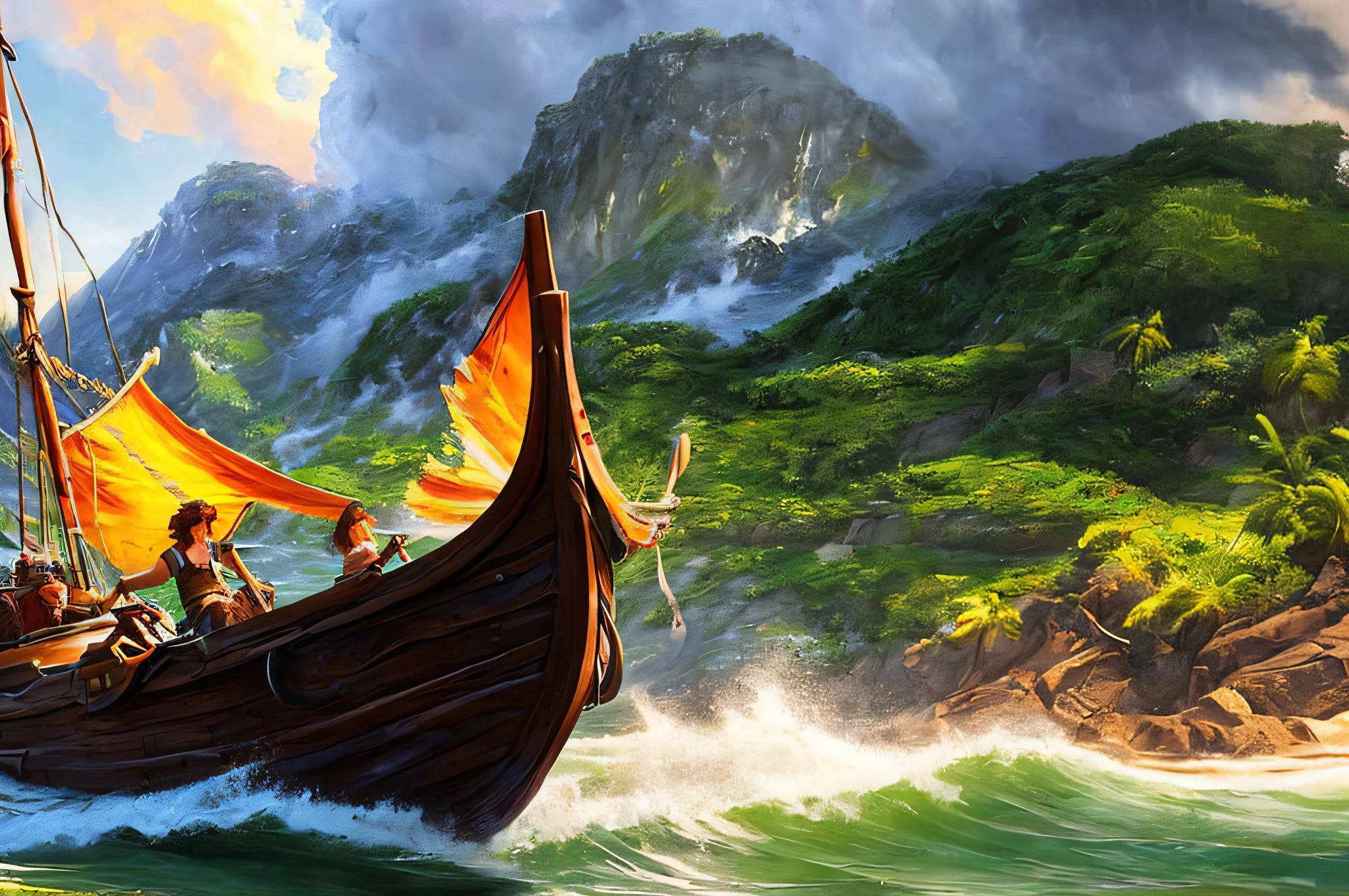 scene of a litle boat, 3 people, bustling sea, great storm, tsunami, sunlight, glow, scenery concept art, overgrowth. by Renoir , relaxing concept art, traditional classic concept art, a beautiful artwork illustration. high detail, background art, detailed concept art, environment design illustration, concept art highly detailed