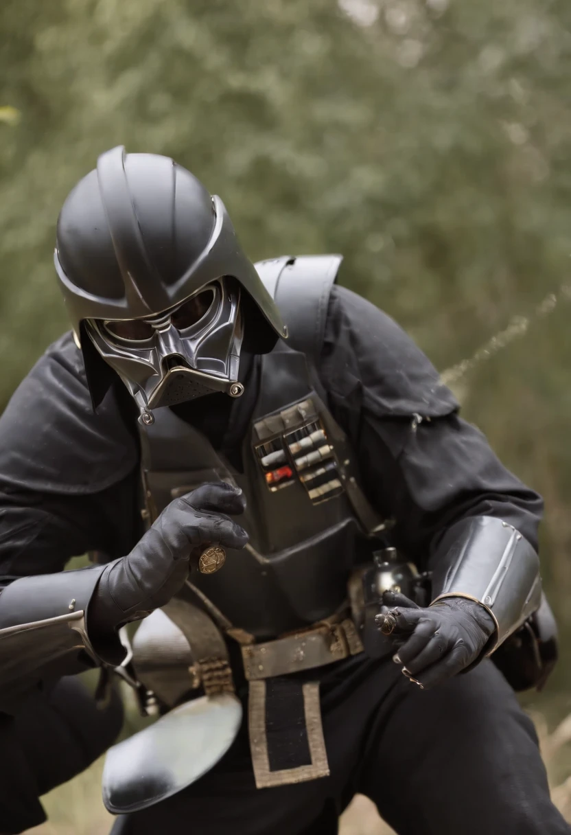 Ninja,samurais、Hinomaru、Japanese Katana Sword、Reflectors、light and shadows、Darth Vader as a deadly combat character, Dressed in a deadly combat suit, (Deadly combat uniform:2), (Full body image 2)