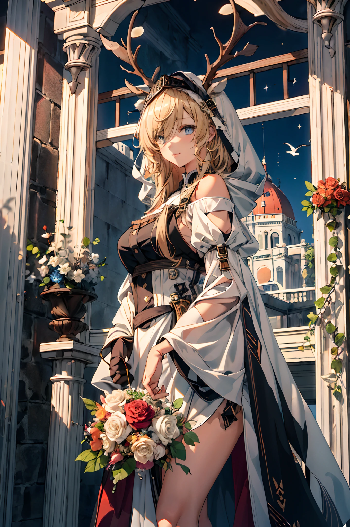 (((Masterpiece))),(incredibly_absurderes),(Best quality),(A high resolution),(Highly detailed),((CG unity 8k wallpaper)),(tmasterpiece、top-quality、illustratio、Extremely high quality、high-level image quality、Extremely sensitive writing)Blonde girl standing in beautiful garden、A slight smile、She has a large bouquet、Cute national costume style dress,There are ruffles on the shoulders、Hair fluttering in the wind