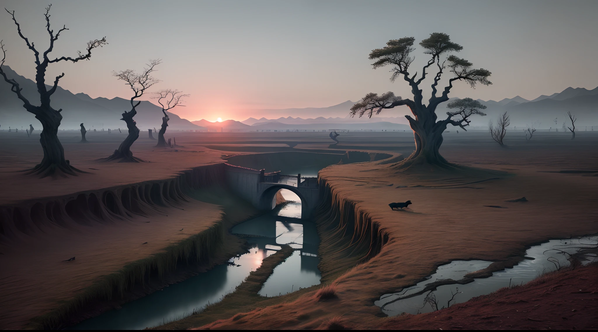 RAW photo of the landscape,Dead vines, old trees, and crows,Small bridges and flowing water,Ancient road west wind thin horse,Sunset,Broken intestines are at the end of the world,Inspired by the Tang dynasty poet Ma Zhiyuan,small detailed,realisticlying,ultra real photo,8K UHD,Digital SLR,softlighting,high high quality,filmgrain,Fujifilm XT3,(tmasterpiece)