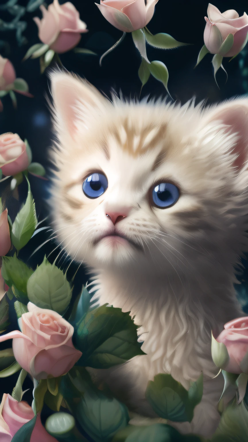 In this ultra-detailed CG art, the adorable kitten surrounded by ethereal roses, best quality, high resolution, intricate details, fantasy, cute animals