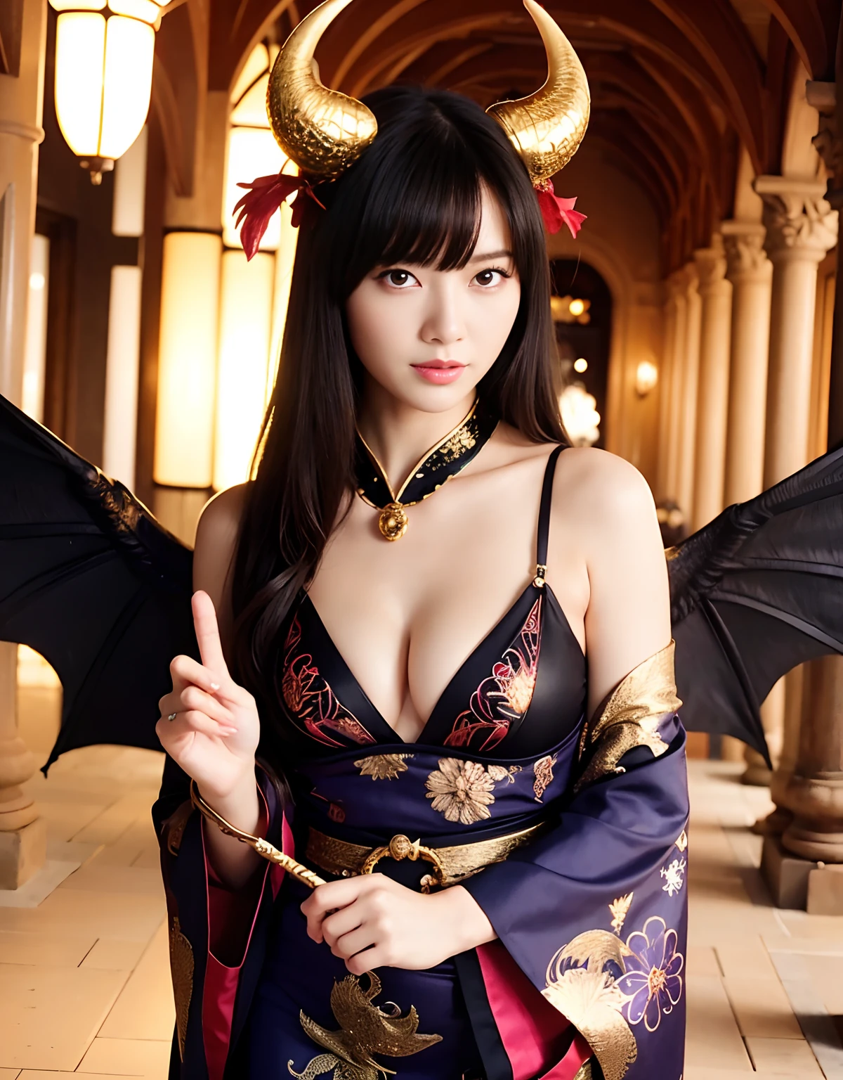 ((World of Darkness)),Professional , ​masterpiece、top-quality、photos realistic , depth of fields 、Dark Fantasy、（Ultimate Beauty）、A dark-haired、（White bikini armor)、（Kimono with beautiful pattern）、（Night background）、（（a dark night））,(Wear a beautiful kimono),（Wear a beautiful kimono with colorful floral patterns）、Jewel Gold Weapon、Particles of light),（Has a devil's mask）、Gorgeous gold weapons ,（（ Gorgeous Dragon Sword）） , （a dark night）,,（maikurobikini） 、（（Black Haired Beautiful Girl））、（Castle background）、（demonic wings）、（（Gangle's forest background））、Beautiful Caucasian beauty、１a person、dynamic ungle,(((Two devil's horns on the head)))、Smaller head、Idle Smile、Thin and beautiful female hands、Mystical expression、Light Effects、intense fighting、Wind-effect、magic circles、With the legendary magic wand、Dragon's tail、