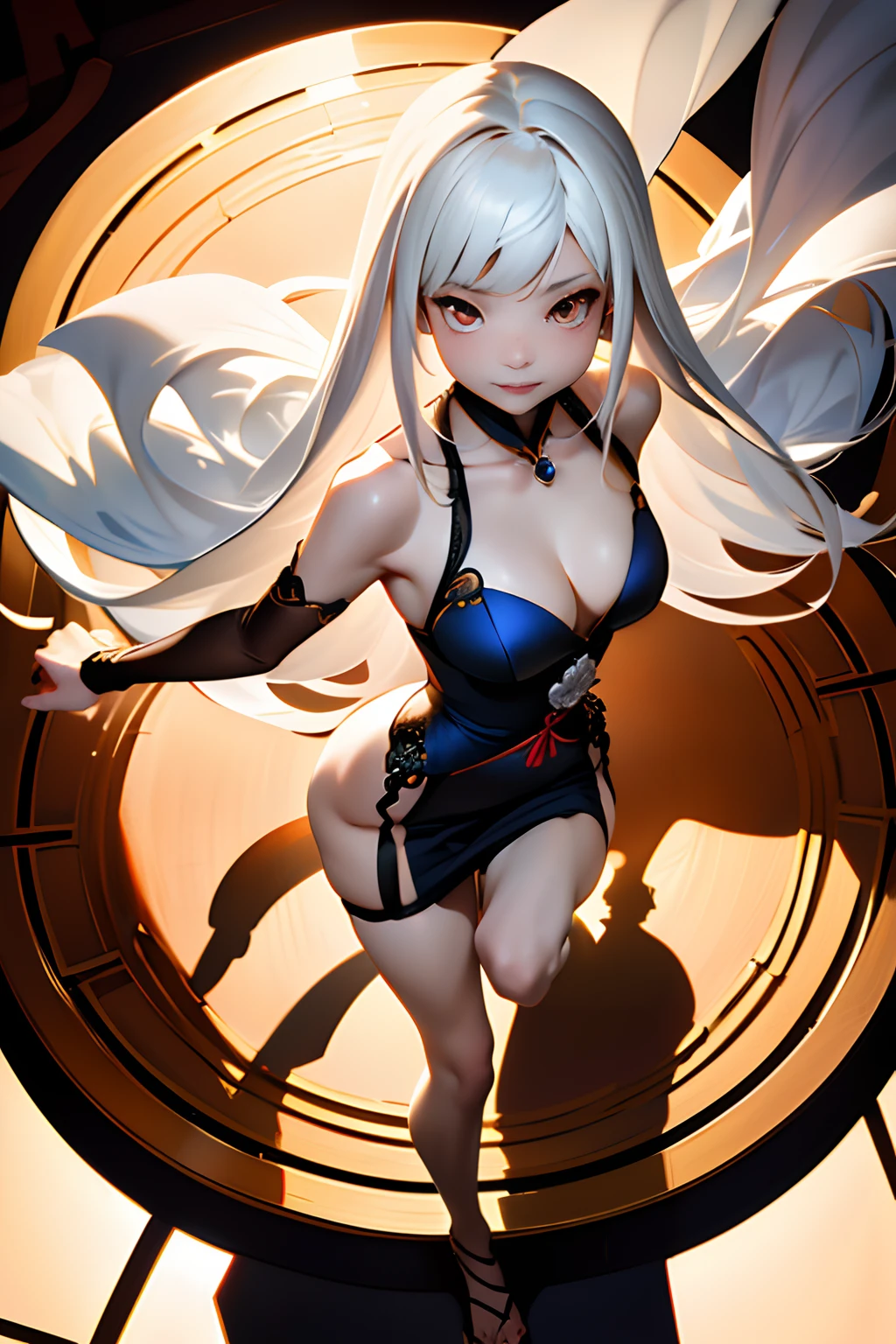 (CG 8k wallpaper extremely detailed, masutepiece, Best Quality, Ultra-detailed), (better lighting, better shadows, Extremely delicate and beautiful), floating, High color saturation, Dynamic Angle, ((1girl in)), Gorgeous, Ning Guang(Orchid Evening Dresses) White hair, Red Eyes, Very long hair, Hair Ornament, Bangs