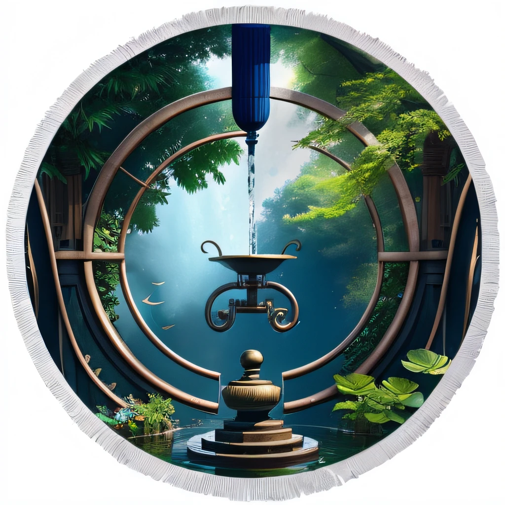 mechanism, water, plants, leaves, sound, instruments, trumpets, fountain, circle, curve, avatar