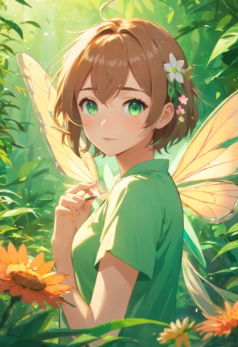 Blumenfee、Blumen々umgeben von、About the size of flowers、About the size of butterflies、smqradgrübe eyes, Beautiful girl with transparent, Shiny, beautiful wings on the back、schlanke Figur、Have a bouquet of flowers, Emerald green eyes、Leuchtende Schuppen fliegen beim Start、Auf einer Blume sitzen、Sehr detaillierter Hintergrund,realistisch,ultra-detailliert,Super detaillierter Skin,Leichtes Leuchten,Filmkorn,Expro II, emerald green eyes,Blendenfleck,sharpen,Filmischer Schatten