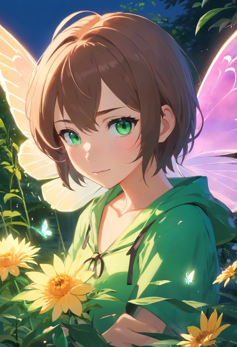 Blumenfee、Blumen々umgeben von、About the size of flowers、About the size of butterflies、smqradgrübe eyes, Beautiful girl with transparent, Shiny, beautiful wings on the back、schlanke Figur、Have a bouquet of flowers, Emerald green eyes、Leuchtende Schuppen fliegen beim Start、Auf einer Blume sitzen、Sehr detaillierter Hintergrund,realistisch,ultra-detailliert,Super detaillierter Skin,Leichtes Leuchten,Filmkorn,Expro II, emerald green eyes,Blendenfleck,sharpen,Filmischer Schatten