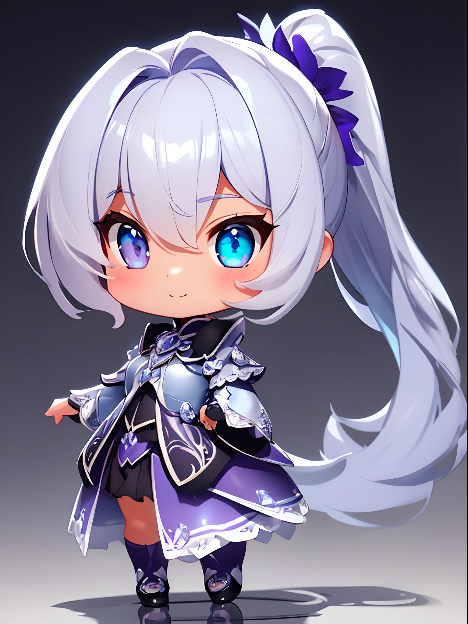 ​masterpiece、top-quality、Photorealsitic、ultra-detailliert、Delicate、orderly,high detailing、(cute little)、Beautiful fece、An majestic、Glossy、shinny skin、bluish-silver ponytail、 (Drooping iris:1.3)、15yo student、Girl with a gentle smile、A shy girl、Thin、(radiant eyes:1.2)、Ambient Occlusion,ambient lights,ray trace reflection, blured background、deep-shadows、fullllbody,（Chibi:1.2）