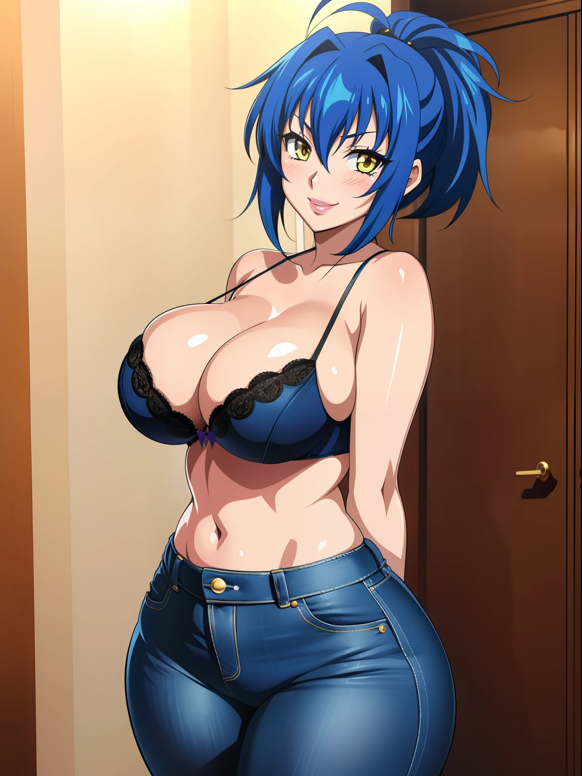 Highschool dxd, Xenovia, 1girl, (((bimbo))), short blue hair, yellow eyes, puffy lips, painted lips, thick lips, wide hips, thick thighs, huge ass, revealing cleavage, erotic, Smile face, bubble butt, camel toe, Breasts, blue jeans, bra, looking back