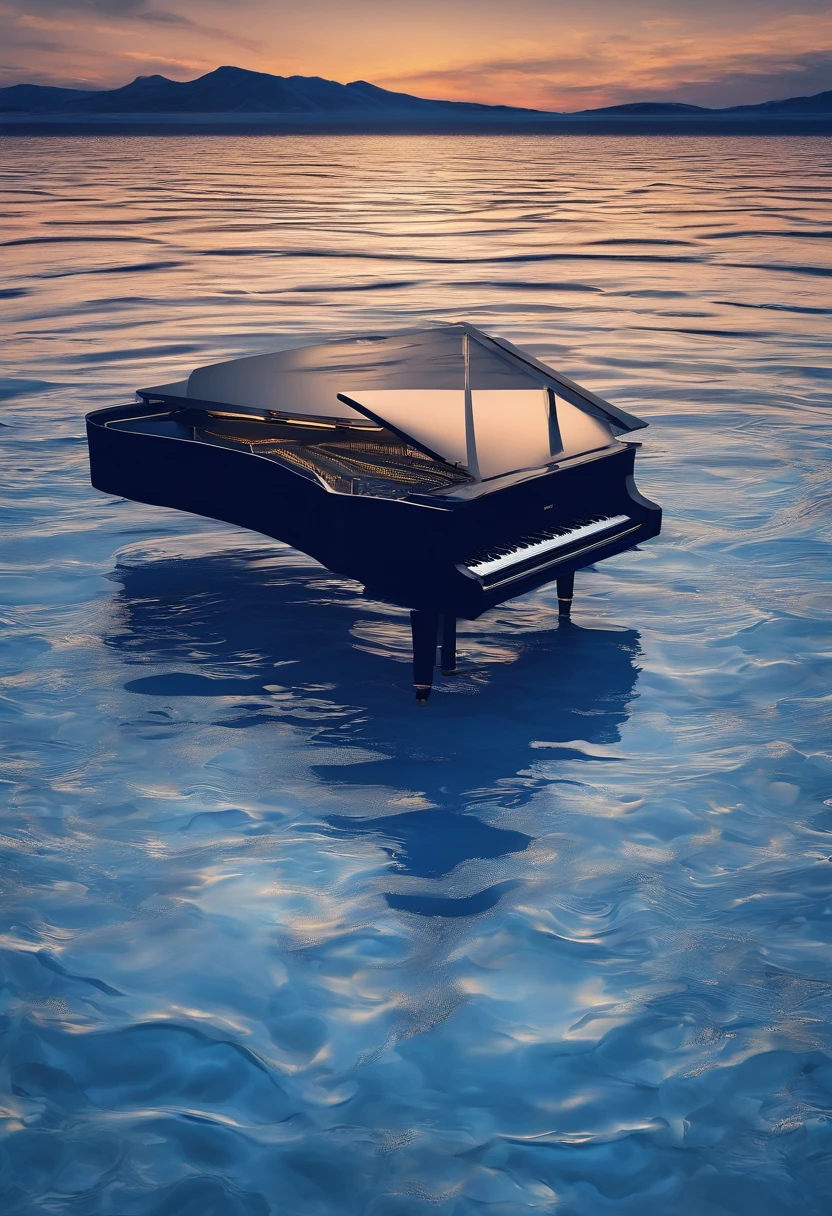 Calm deep blue water,There is a premium piano on the stage in the distance,Advanced light,The piano is printed on the surface of the water with an extremely detailed reflection of water ripples,the night,concert,Center composition
