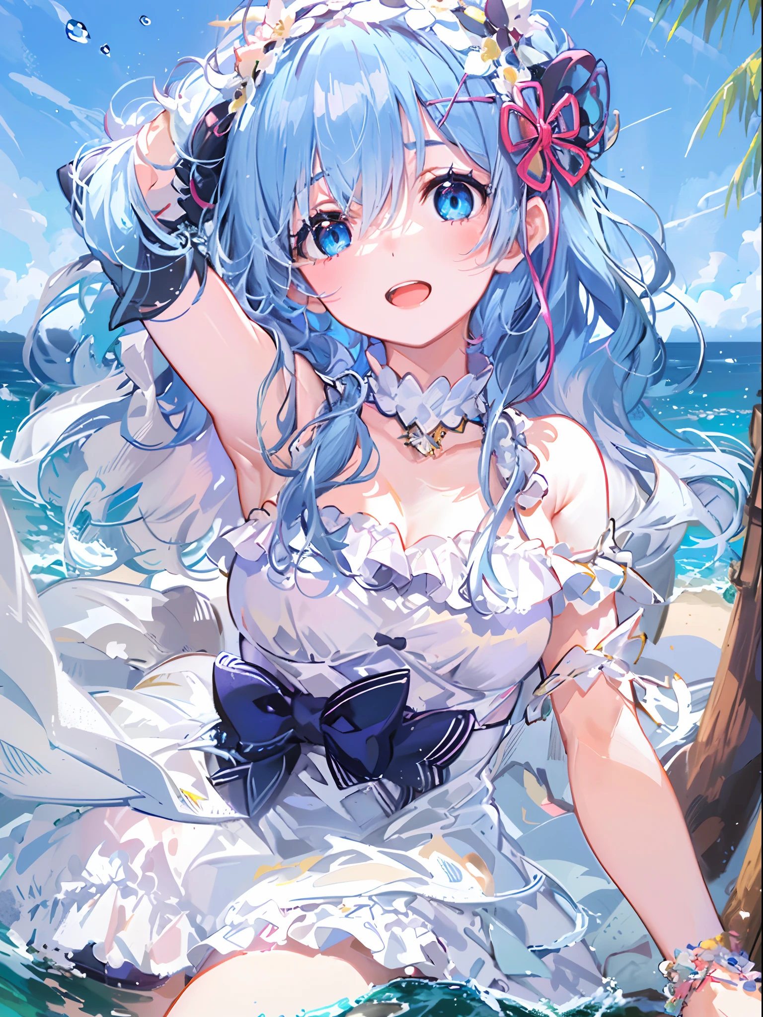 ((top-quality)), ((​masterpiece)), ((ultra-detailliert)), (extremely delicate and beautiful), ,(Masterpiece: 1.6, Best Quality), (Fine Beautiful Eyes: 1.2), ph_rem, Remhd, 1girl, Blue hair, Solo, Blue eyes, Maid, Sea, Bay, Daylight, Tree, Wave, Raise Your Arms, Micro Bikini, Swimsuit