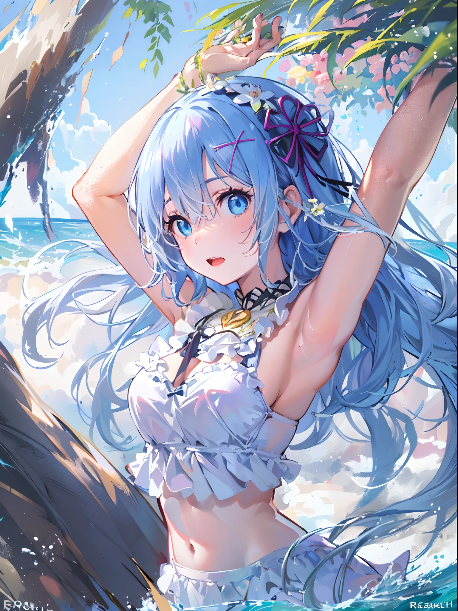 ((top-quality)), ((​masterpiece)), ((ultra-detailliert)), (extremely delicate and beautiful), ,(Masterpiece: 1.6, Best Quality), (Fine Beautiful Eyes: 1.2), ph_rem, Remhd, 1girl, Blue hair, Solo, Blue eyes, Maid, Sea, Bay, Daylight, Tree, Wave, Raise Your Arms, Micro Bikini, Swimsuit