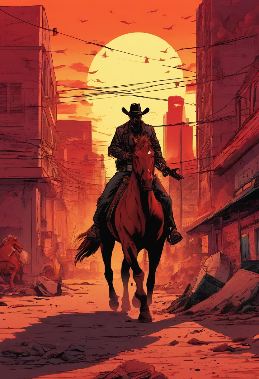best quality,digital portrait,(red,scarlet,blood-red,deep crimson:0.9),(deadly,grim,dark:0.9),(intense,blazing,fiery:1.2) atmosphere,raging (outlaws,horsemen:1.1),(fierce,wild:1.1) horses, dusty trail, (sunset,sundown:1.1),saint Denis city, (vibrant,lively:1.1),(busy, bustling:1.05),(crowded,teeming:0.95) streets,(grimy,dirt-covered,dusty:1.2) buildings, (mysterious,haunting:1.05) alleyways, micah Bell gang, (sinister,menacing:1.1),(wanted,infamous:1.05) criminals, (hidden,shady:hiding in the shadows) alleys, (tension,unease:1.1), (dynamic,motion-filled:1.1),(energetic,lively:1.1) action, (fast-paced,heart-pounding:1.1) pursuit, (wild,wild-westic:1.05) ambiance, (determined,resolute:1.1) outlaws, (gunslinger,cowboy:1.1) hats, (leather-collared,dusty:1.05) overcoats, (twisted,sharp:1.1) moustaches, (glinting,fierce:1.05) eyes, (horse,hooves:1.1) thundering, (dust,grime:1.1) swirling, (determination,stubbornness:1.1) in their eyes, (dual,worn-out:pistols) holstered, (tension-filled,brooding:1.1) atmosphere, (law-enforcement,city-dwellers:0.9) gazes, (action-packed,tense:1.1) scene, (breathtaking,awe-inspiring:1.05) energy