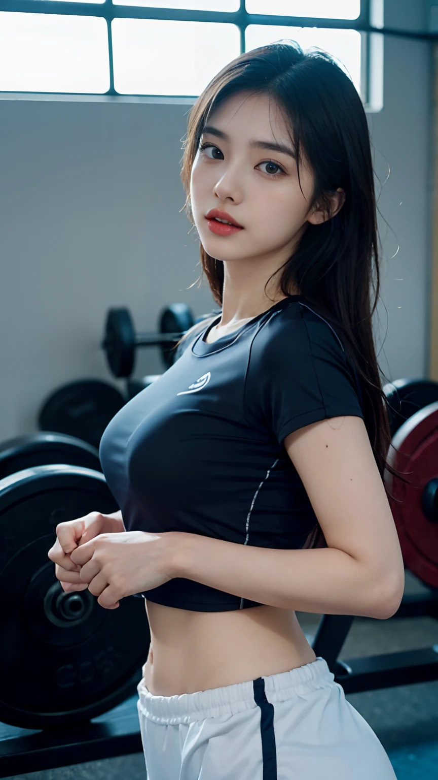 Slender Asian girl, kpop idol, ((gym uniform)), ((top quality, 8k, masterpiece: 1.3)), crisp focus: 1.2, beautiful woman with perfect figure: 1.4, highly detailed face and skin texture, detailed eyes, ((skinny)), beautiful face, symmetrical face, full-length, sexy, almost naked, in the gym