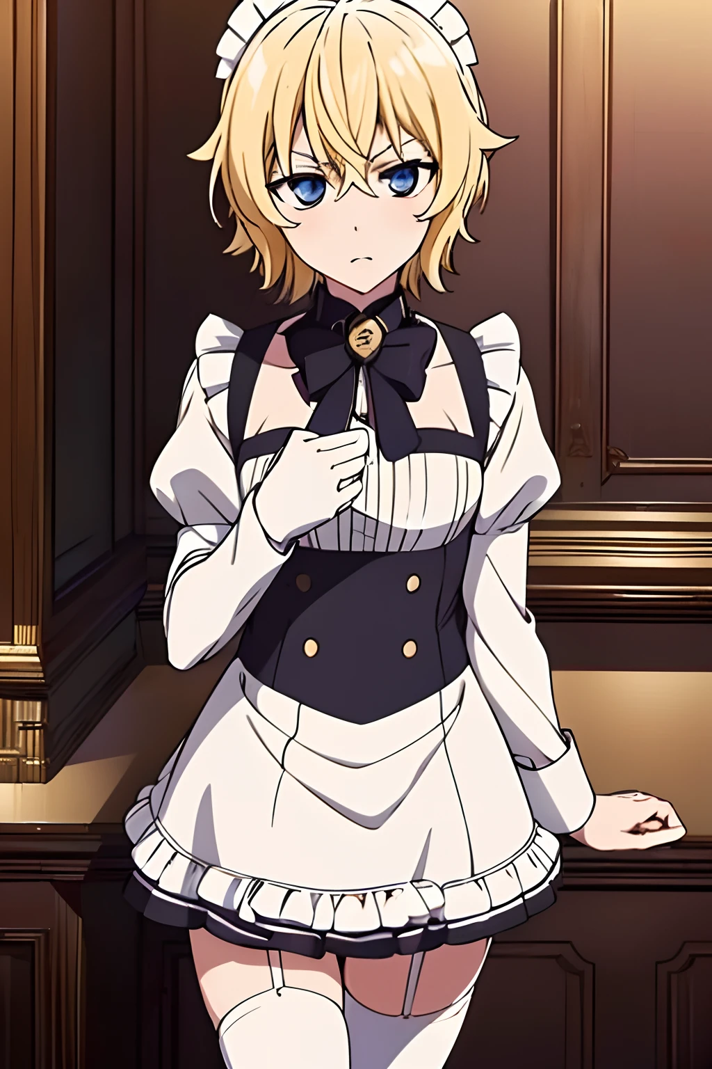 "(Best Quality,4k,8K,hight resolution,Masterpiece:1.2),(Masterpiece), Best Quality, expressive eyes, a perfect face, male, 1boy, solo, maid dress, Stockings, blush, in a cafe, Michaela, Mikaela Hyakuya, Michaela's outfit, blonde, blue eyes, Short hair, blusher