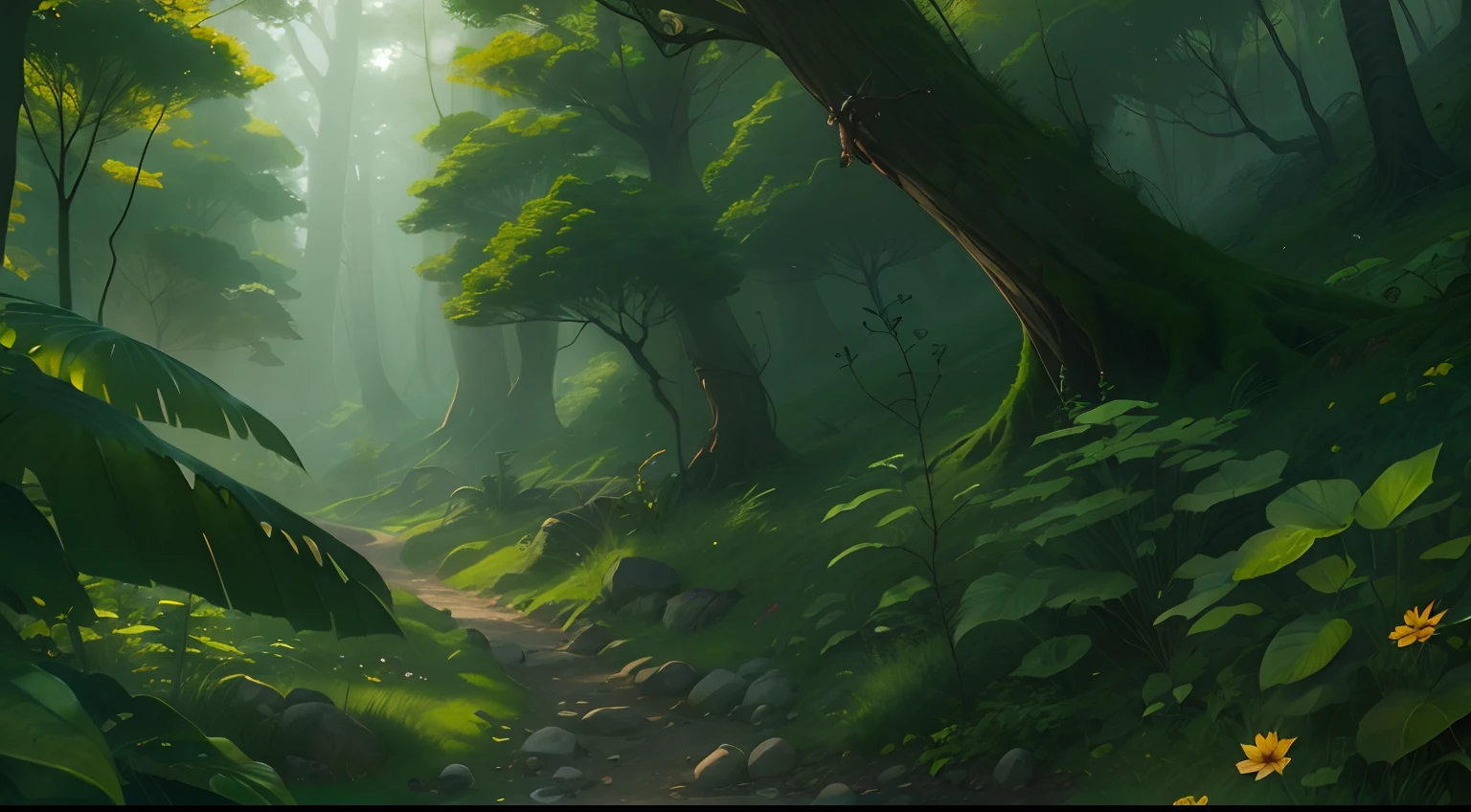 A close up of a path in a forest with trees and flowers - SeaArt AI