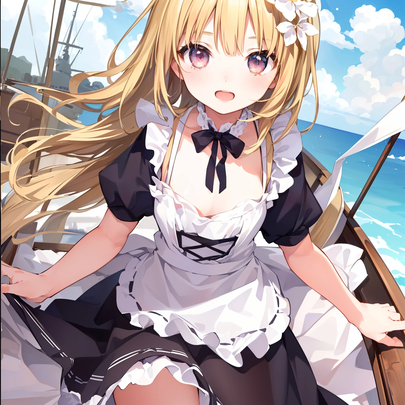 (masterpiece}, {hight resolution}, {Good anatomy}, (top-quality), (extremely delicate and beautiful), (8k cg wallpaper), (illustratio), 1 girl in, a blond, maid clothes, Accompany the boat trip, Point into the distance on the ship、Frolic and laugh like a child、The wind is blowing strongly