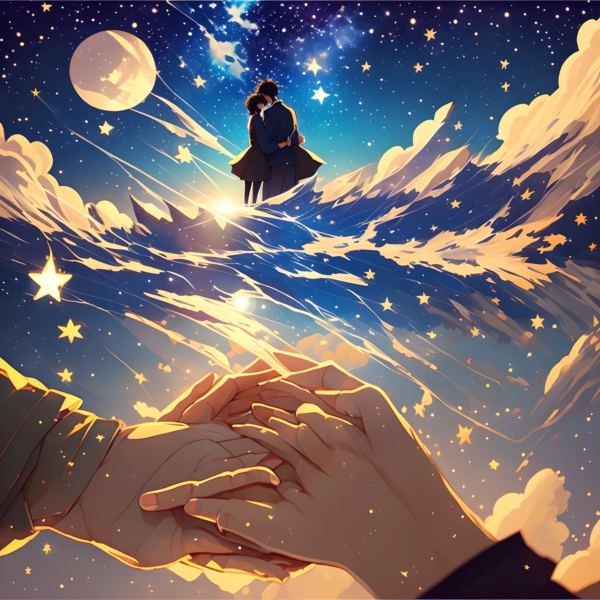 A pair of big hands catching tears, close-up of hands, blue sky, stars twinkling，makoto shinkai’s style， --auto --s2
