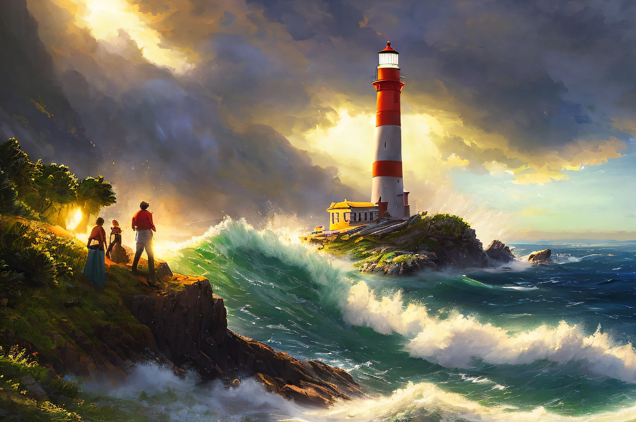 scene of a lighthouse, 3 people, bustling sea, great big storm, big tsunami, sunlight, glow, scenery concept art, overgrowth. by Renoir , relaxing concept art, traditional classic concept art, a beautiful artwork illustration. high detail, background art, detailed concept art, environment design illustration, concept art highly detailed