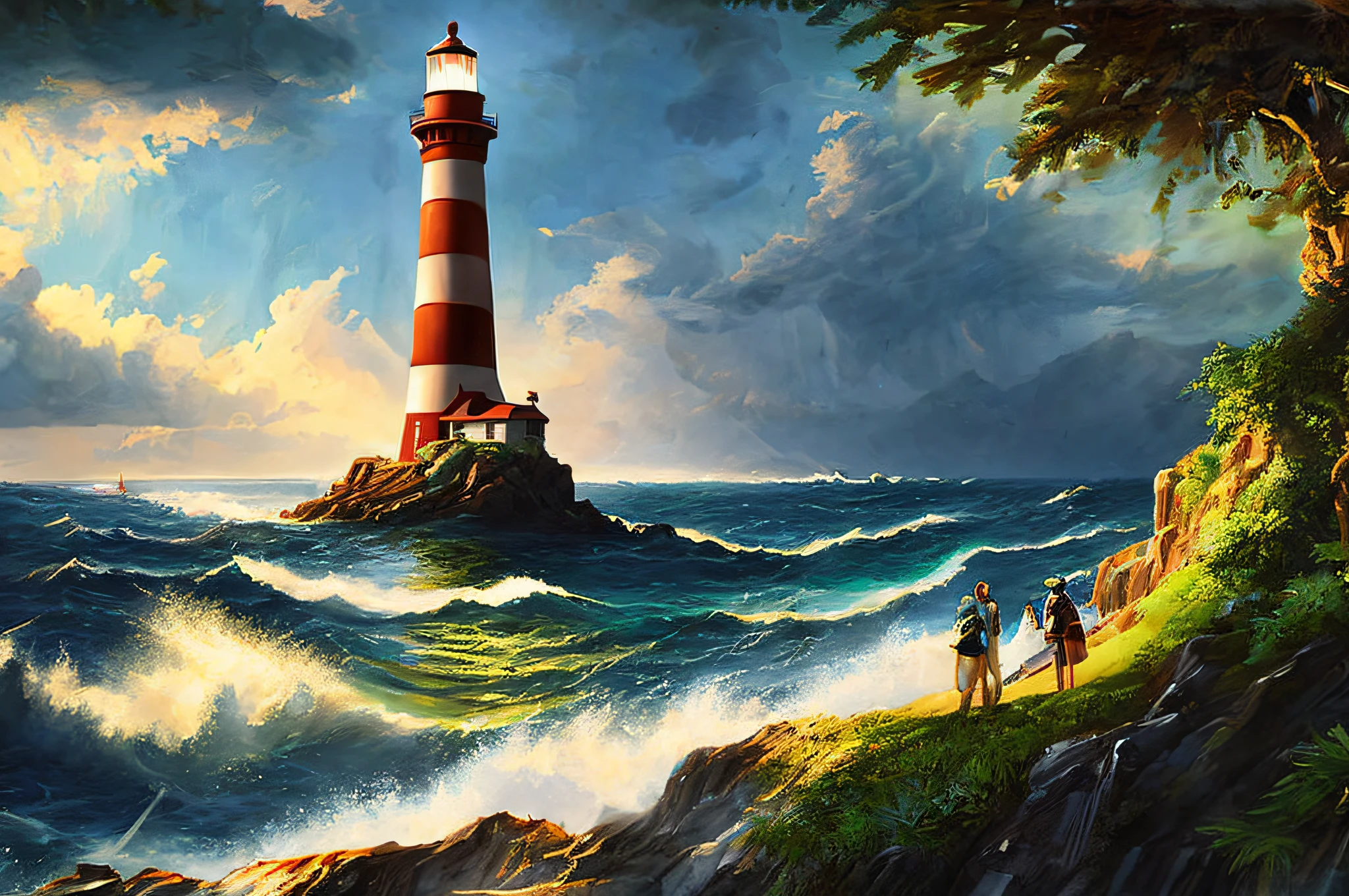 scene of a lighthouse, 3 people, bustling sea, great big storm, big tsunami, sunlight, glow, scenery concept art, overgrowth. by Renoir , relaxing concept art, traditional classic concept art, a beautiful artwork illustration. high detail, background art, detailed concept art, environment design illustration, concept art highly detailed