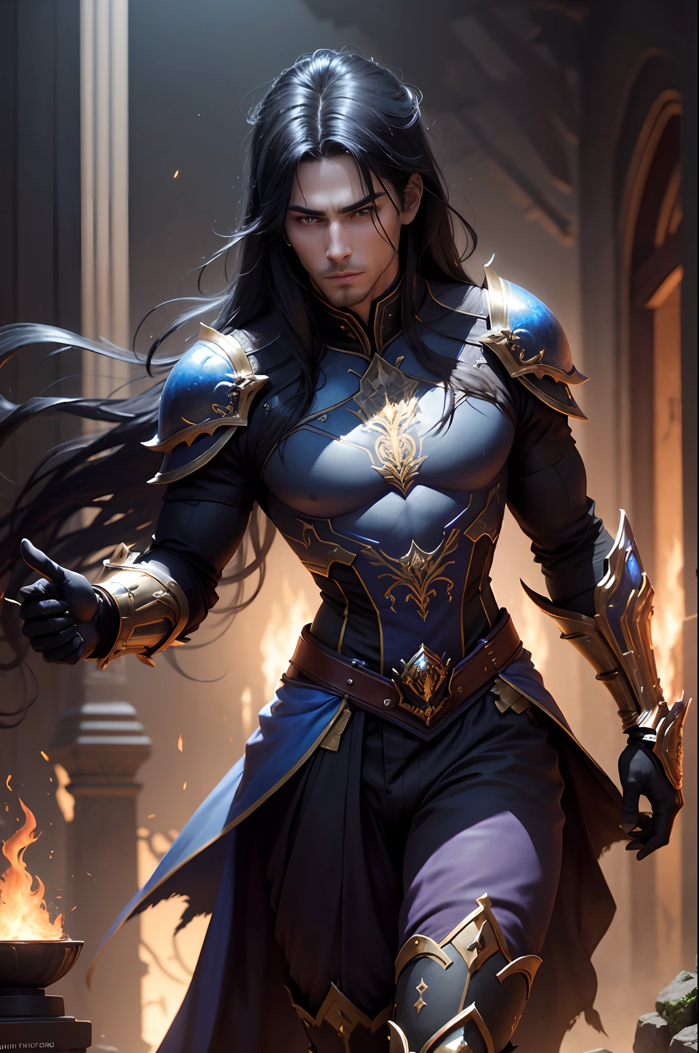 8K,Photorealsitic Raw photography top-quality;1.4) (One adult male) Super handsome with smooth skin (Lifelike face) long blue-black hair Handsome prince with glowing purple eyes Black and silver aristocratic exterior Black and gold trousers Golden decoration glares Equipped with a sword at the waist Wearing black leather gloves Ruins Gwaitz style realisitic Precise details unrealengine Beautiful expression Details of each part A red fireball glows in the palm(effect) 超A high resolution A hyper-realistic enticing Foot Armor real looking skin Fantasy Emperor