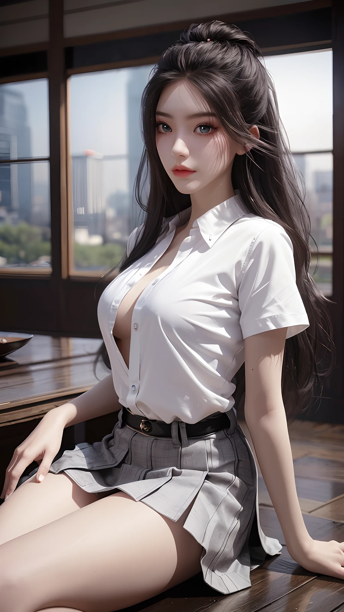(best quality,4k,8k,highres,masterpiece:1.2),ultra-detailed,(realistic,photorealistic,photo-realistic:1.37),clean,cg,artwork,professional,world-famous artwork,perfect face,beautiful face,beautiful eyes,((perfect female body)),solo performance,immersive atmosphere,(blush:0.5),seductive expression,extremely detailed_eyes,thick thighs,big breasts,exquisite background,depth of field,realistic:1.3,long shot,1girl,shirt,pleated skirt,school uniform,sitting posture,full body,white stockings