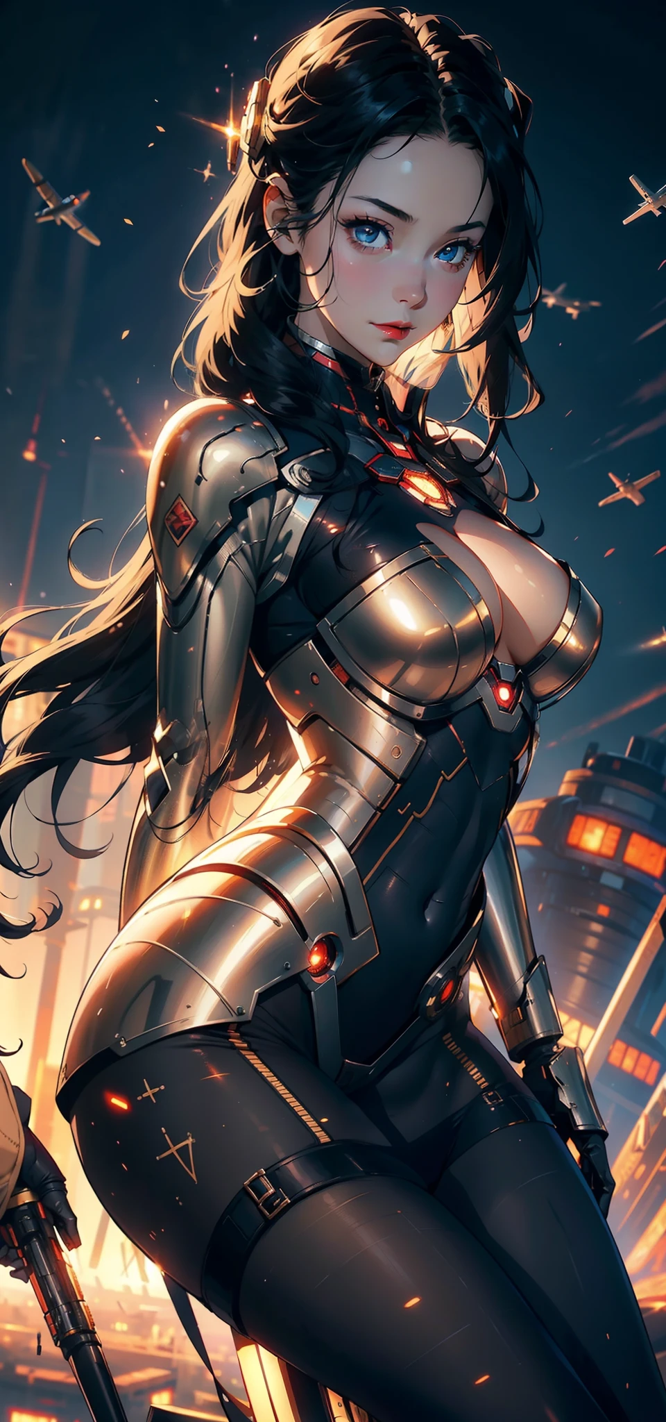 1female，35yo，plumw，extremely large bosom， 独奏，（Background with：Huge machinery，droid，aerodrome，Planes，Huge mechanical armor，） She has long black hair，Stand on the plane，，seen from the front， hair straight， mostly cloudy sky，（（（tmasterpiece），（Very detailed CG unity 8K wallpaper），best qualtiy，cinmatic lighting，detailed back ground，beatiful detailed eyes，Bright pupils，Blue eyes，Snow-whiteskin，Redlip（Very fine and beautiful），（Beautiful and detailed eye description），ultra - detailed，tmasterpiece，））facing at camera，A high resolution，ultra - detailed），revealing breasts，Bare genitalia，  Bulge，legs are open，Raised sexy，Camel toes，Flushed complexion，Desire for dissatisfaction，frontage，British Air Force，Supergirl，Aviator，（Wearing：Black pantyhose，Iron Man armor，Gold wire embroidery，Armour，Bare breasts）cyber punk style