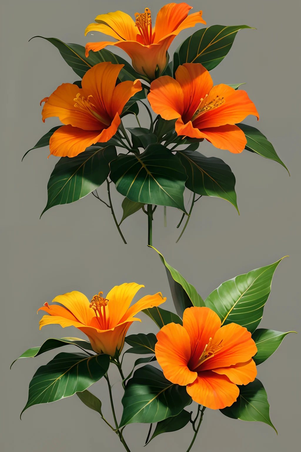 there are two orange flowers on a branch with green leaves, on a gray background, blooming tropical flowers, beautiful tropical flowers, hibiscus flowers, flower, large exotic flowers, hibiscus, tropical flowers, tropic plants and flowers, red blooming flowers, flowers and foliage, tropical flower plants, with colored flowers, photorealistic illustration, decorative flowers, beautiful flower, vibrant red hibiscus