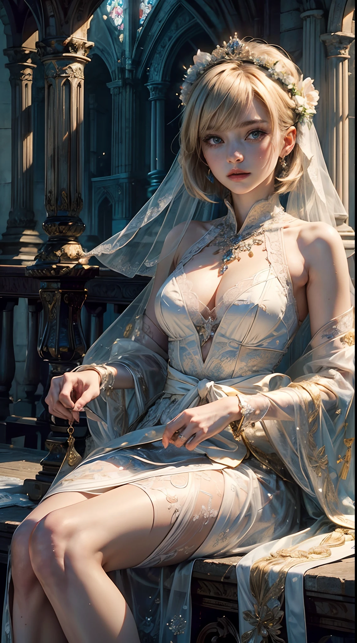 (in 8K、ＨＤＲ. Hyper-Realism、masuter piece、ultra-detailliert、The ultra -The high-definition、Raw photography, top-quality, ​masterpiece:1.4、Sony　A)、（（（bride、wedding dress、the flower crown、Wedding in the old church、Light coming in from stained glass）））、（Teenage woman、Russian woman、Slavic、a short bob、bobhair、a blond、）、（Pretty Woman、detailed beautiful faces、Detailed skin）