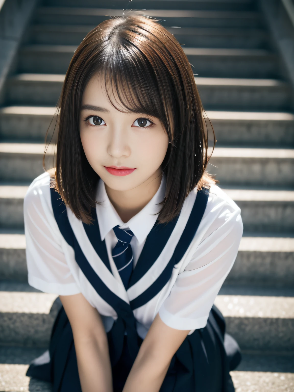 (((32k,high detal,high-detail、masterpiece,Attention to detail,full body Esbian,独奏))),Raw photo & realistic atmosphere,beautiful dark blue eyes,Detailed mouth,Glossy lips,Detailed eyebrows,Eyes drawn in detail with soft white skin that shines with every detail、azure eyes,Very beautiful eyes,Detailed lips、Very beautiful face,Very well-formed face、Lifelike face,shiny beautiful lips, Realistic Young Gravure Idol, very beautiful school girl, ,Moderately beautiful, Young Sensual Gravure Idol, Young Gravure Idol, Beautiful, Cute and sexy15 year old schoolgirl,the whole body is wet,dripped out,with a flushed face,Incredibly beautiful1a five years girl,so short hair,Brown shiny hair,Hair is wet,Dripping water,dripping,Crouching on the stairs with your legs open,(Black pantyhose,Beautiful fece,Looking at the camera:1.4),(Black Pan Abusorut,The chest of the uniform is sexily quite open,Dark staircase at night,Very dark,Pitch-black staircase without street lights,Illuminate the subject with a flashlight,spot light:1.7),(A sexy,Slightly chubby,high detal,high-detail,Masterpiece Japan schoolgirl uniform,well-shaped breasts,,Mature body, I'm anxious and about to cry,Moist eyes,glareing,The glaring face is also beautiful:1.5)