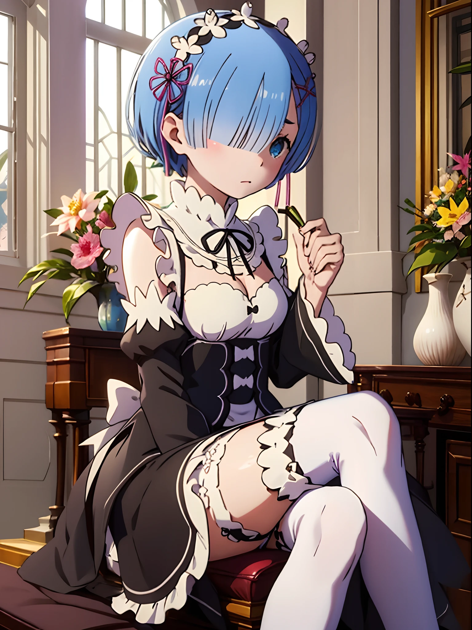 masterpiece, best quality, highres, ram1, 1girl, solo, rem \(re:zero\), blue hair, white thighhighs, short hair, red eyes, hair over one eye, ribbon trim, hair ribbon, x hair ornament, frills, maid headdress, waist apron, garter straps, black ribbon, medium breasts, cleavage, long sleeves, white apron, neck ribbon, purple ribbon, wide sleeves, hair flower, indoors, sitting, crossed legs,