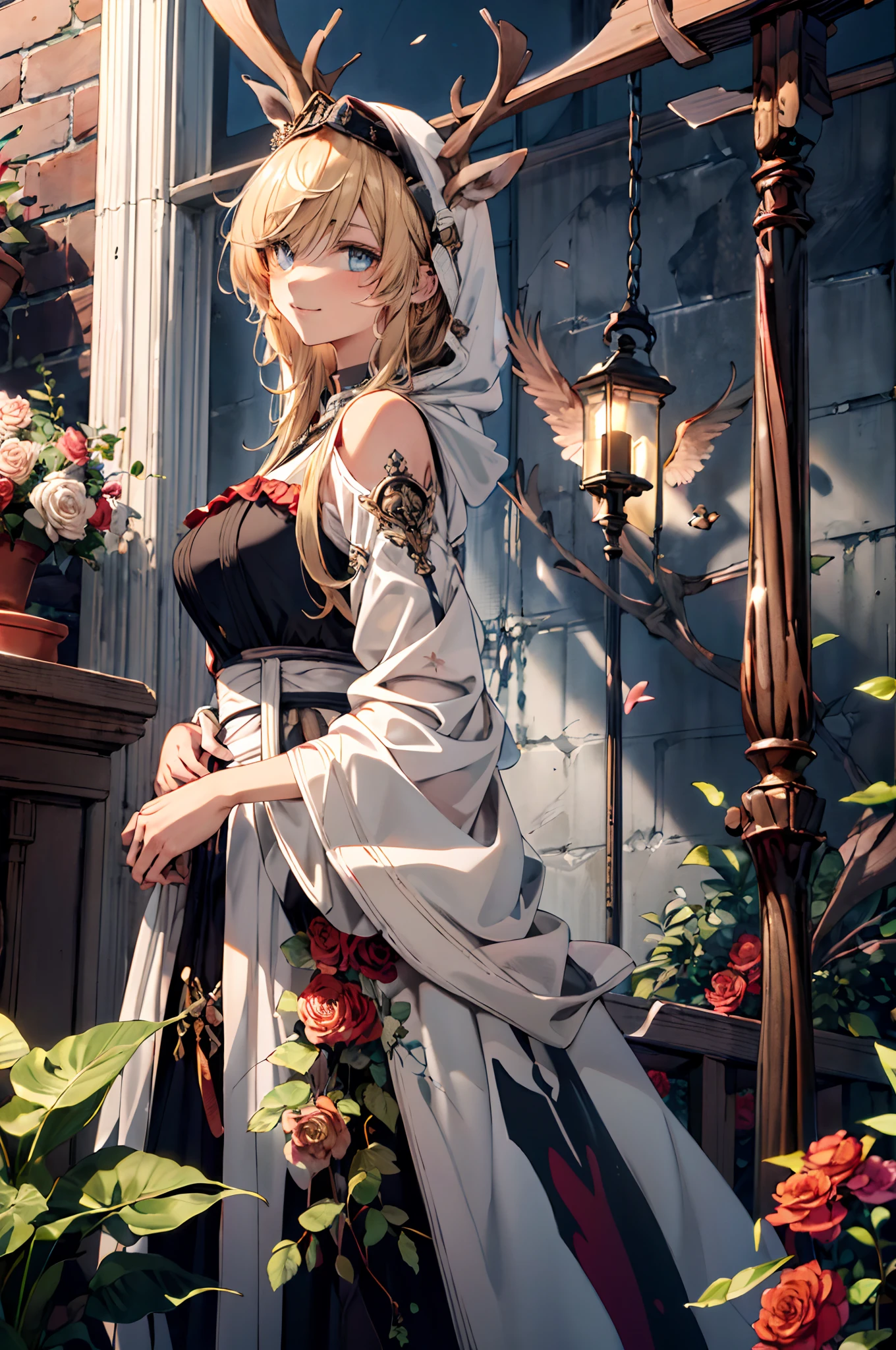 (((Masterpiece))),(incredibly_absurderes),(Best quality),(A high resolution),(Highly detailed),((CG unity 8k wallpaper))，(tmasterpiece、top-quality、illustratio、Extremely high quality、high-level image quality、Extremely sensitive writing)Blonde girl standing in beautiful garden、A slight smile、She has a large bouquet、Cute national costume style dress，There are ruffles on the shoulders、Hair fluttering in the wind