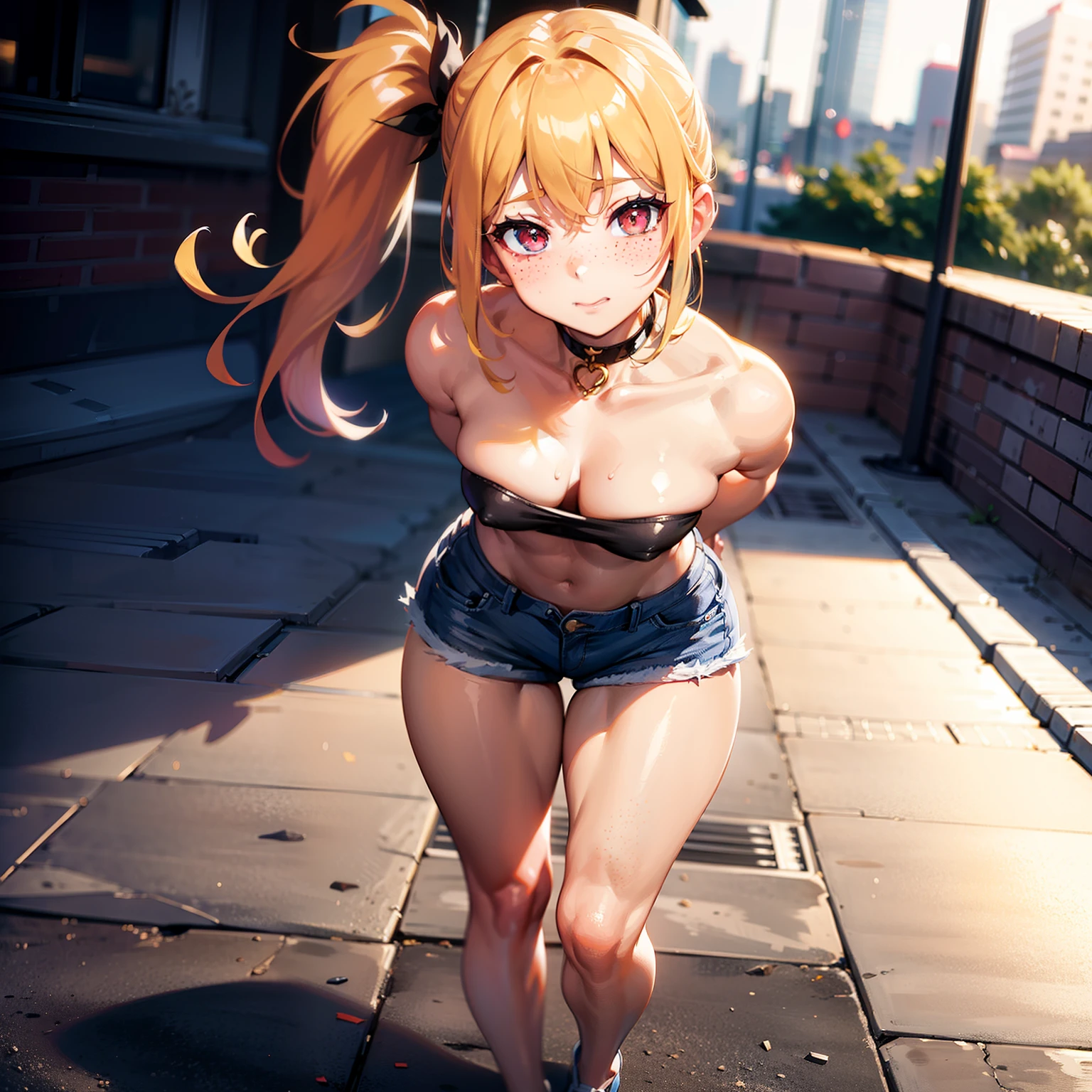 Anime girl, solo, anatomically correct, blonde one side ponytail , beautiful red eyes, freckles, choker, shy expression , bare shoulders, large breasts, strapless white shirt, cleavage, sexy light blue jean shorts, small waist, wide hips, juicy thighs, butt, sexy posing, arms behind her back, knees, black sports shoes, full body picture, standing, sexy posing, public background,8k, best quality