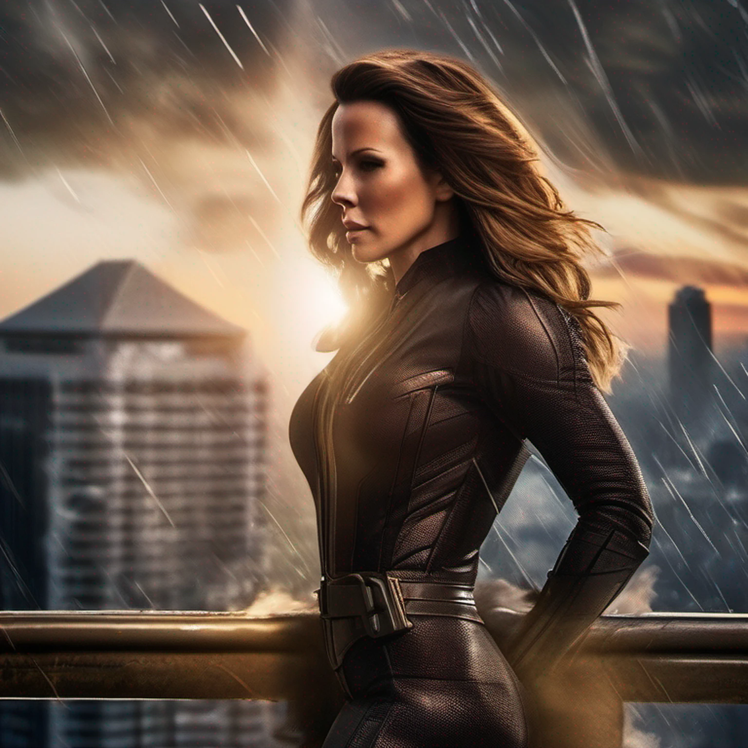 Kate Beckinsale em traje marrom detalhado do Homem-Aranha, seios grandes, super hero pose, Standing in the city raining at sunset, hiperdetalhado, smoke billowing, Sparks, raios solares, (8k), realista, symmetr, Concedido, cinematographic lightning, Encharcado, filmes, 75 millimeters, Scratches, foto de corpo inteiro, Close-up, roupas rasgadas e sujas, rosto detalhado