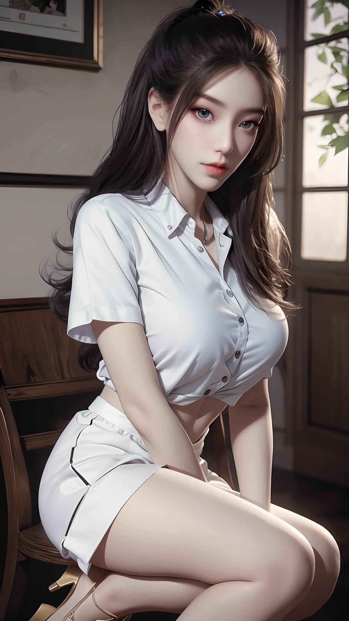 (best quality,8k,highres,masterpiece:1.2),ultra-detailed,(realistic,photorealistic,photo-realistic:1.37),clean,CG, famous , portrait, perfect face, beautiful face, beautiful eyes, (perfect female body), solo, immersive atmosphere, (blush:0.5), seductive expression, extreme detail_eyes, thick thighs, large breasts, intricate background, depth of field, realistic:1.3, panoramic view, 1girl, shirt, pleated skirt, school uniform, sitting posture, full body, white stockings