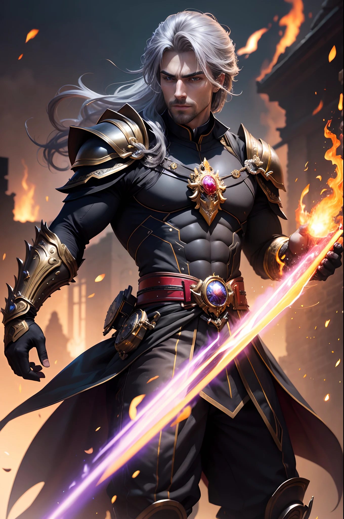 8K,Photorealsitic Raw photography top-quality;1.4) (One adult male) Super handsome (Lifelike face) cabelos preto e longos Handsome prince with glowing purple eyes Black and silver aristocratic exterior Black and gold trousers Golden decoration glares Equipped with a sword at the waist Wearing black leather gloves Ruins Gwaitz style realisitic Precise details unrealengine Beautiful expression Details of each part A red fireball glows in the palm(effect) 超A high resolution A hyper-realistic enticing Foot Armor real looking skin Fantasy Emperor