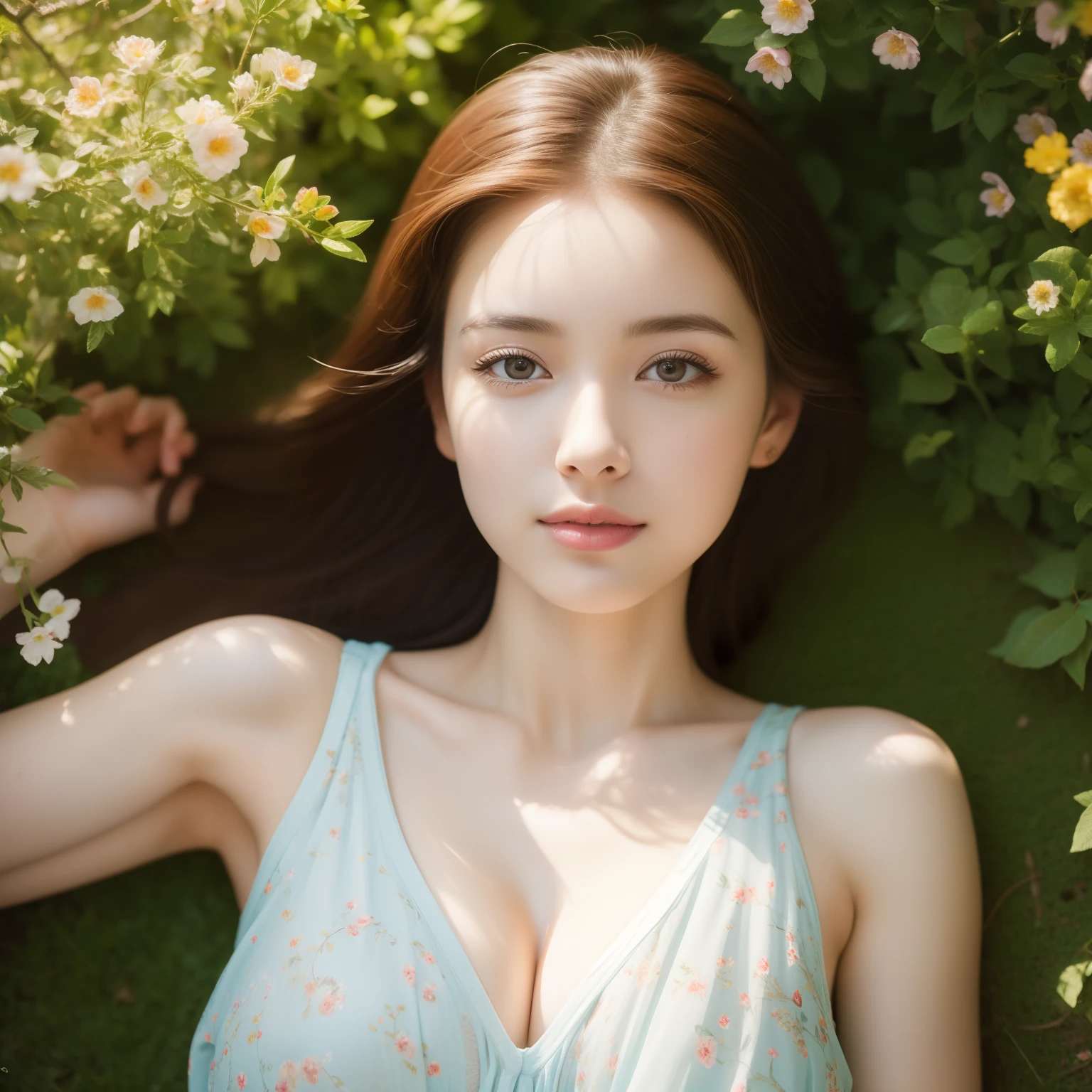 a girl lying down on a garden, beautiful detailed eyes, beautiful detailed lips, extremely detailed eyes and face, long eyelashes, oil painting, realistic, vivid colors, soft lighting, medium: oil painting, natural scenery, blooming flowers, dappled sunlight, peaceful atmosphere, vibrant colors, gentle breeze, flowing dress, relaxed posture, natural beauty. (best quality, 4k, highres, HDR), ultra-detailed, professional, bokeh.