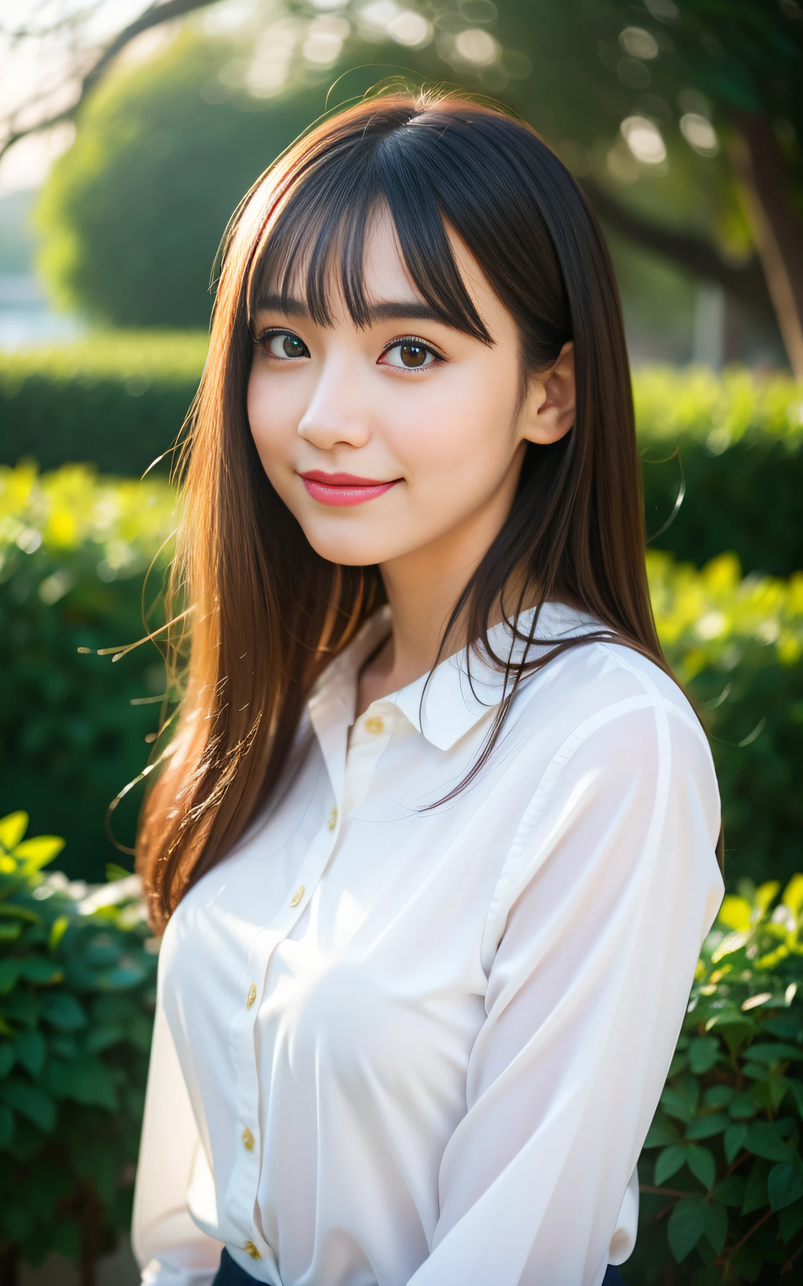 masutepiece, Best Quality, 8K, yo, Large breasts, Raw photo, Professional Photography, Portrait, Soft light, Professional Lighting, Solo, Smile, close up, Smile, Face, close up, Cute, Girly, Goddess, Delicate girl, Neat and clean beauty, Full body, Digital SLR, Looking away, Candid, Sophisticated, Film grain, (Eyes and faces with detailed:1.0), Medium hair swaying in the wind, Bangs, Silk blouse, Skirt,