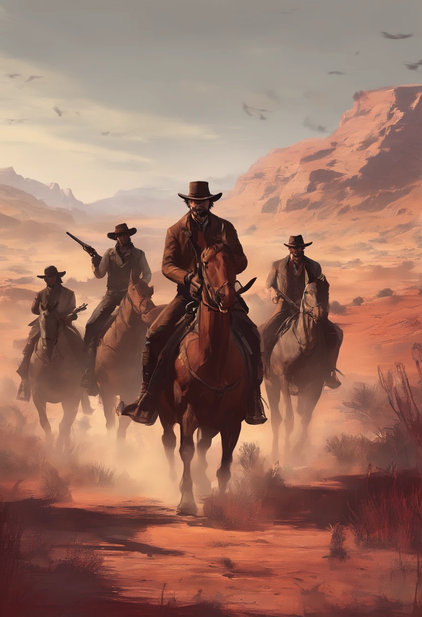 Red dead redemption 2 style,1899 year,Some outlaws riding horses, micah bell gang,art poster, saint Denis city