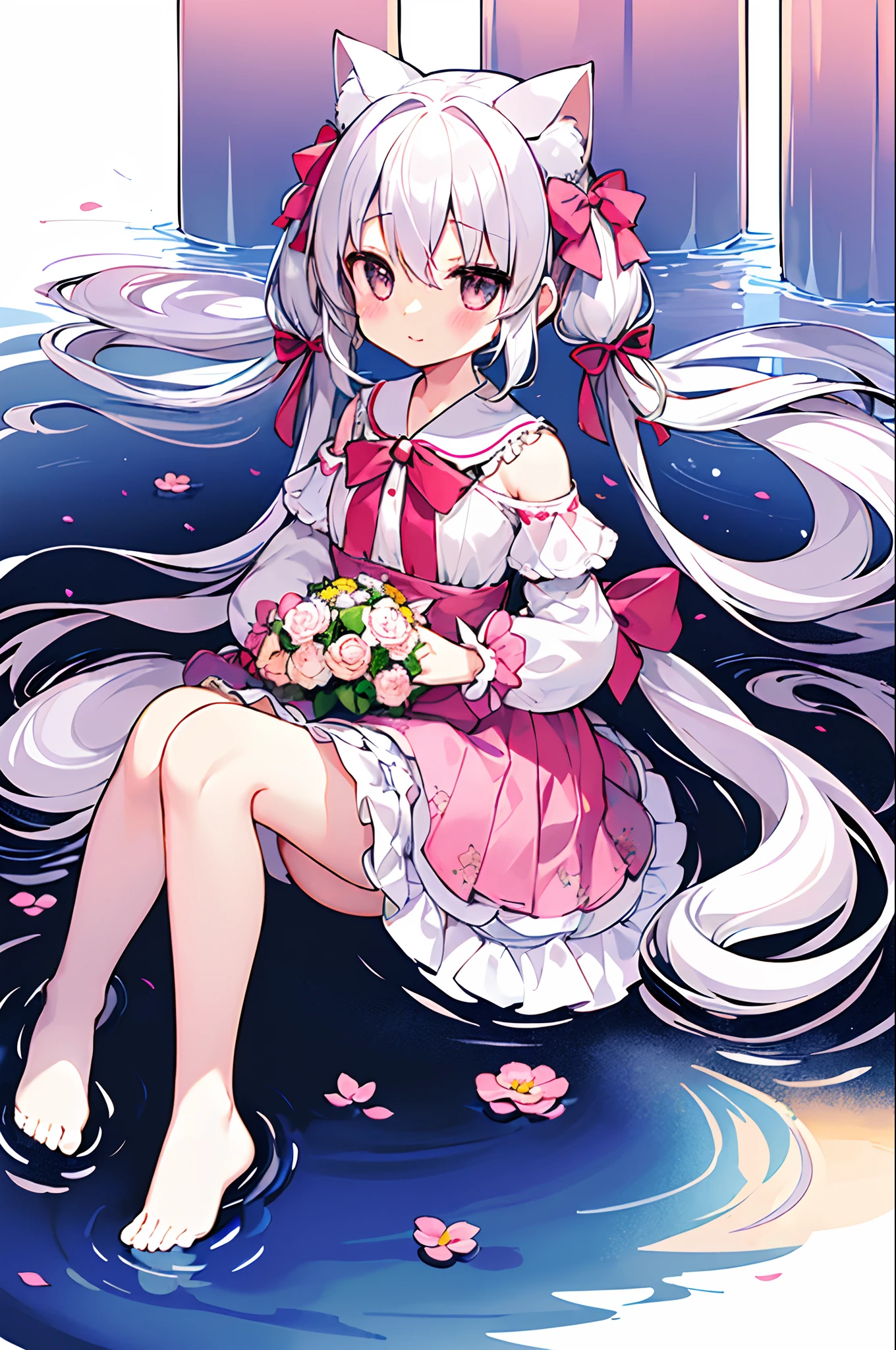 (without shoes:1.3)、[(White background:1.35)::0.25]、(Bottle bottom:0.9)、mid-shot、full bodyesbian、florals、floating flower petals、stone fragment、beautiful detailed water、​​clouds、suns、evening、sunset、、(独奏: 1.2)、(masuter piece)、(top-quality)、(Highly detailed CG Unity 8k wallpapers)、(hight resolution)、(Best Background Details: 1.26)、(best character detail: 1.36)、(pastels) (Curly):1.35)、kirakira、1人、(white  hair:1.2)、Gray eyes、cat ear、(Cat lady:1.1)、Eye hairs、((low twintail))、Long、Hair Ribbon、hair adornments、bowtie、Fur Trim Dress、((blanche:1.2) Thigh:1.3)、、illustratio、accumulation、The table、florals、the bow、bangss、The tree、frilld、long-sleeve、bowtie、pink flowers、a closed mouth、The shirt、plein air、Pink bow、grassy、Yellow bow、saucer、[(Ukishima:1.2、​​clouds)::5]、cheeks are bright red